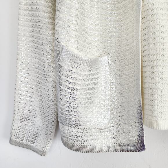 Koko + Mason Metallic Silver & White Knit Open Cardigan with Pockets Size Large - Picture 5 of 7